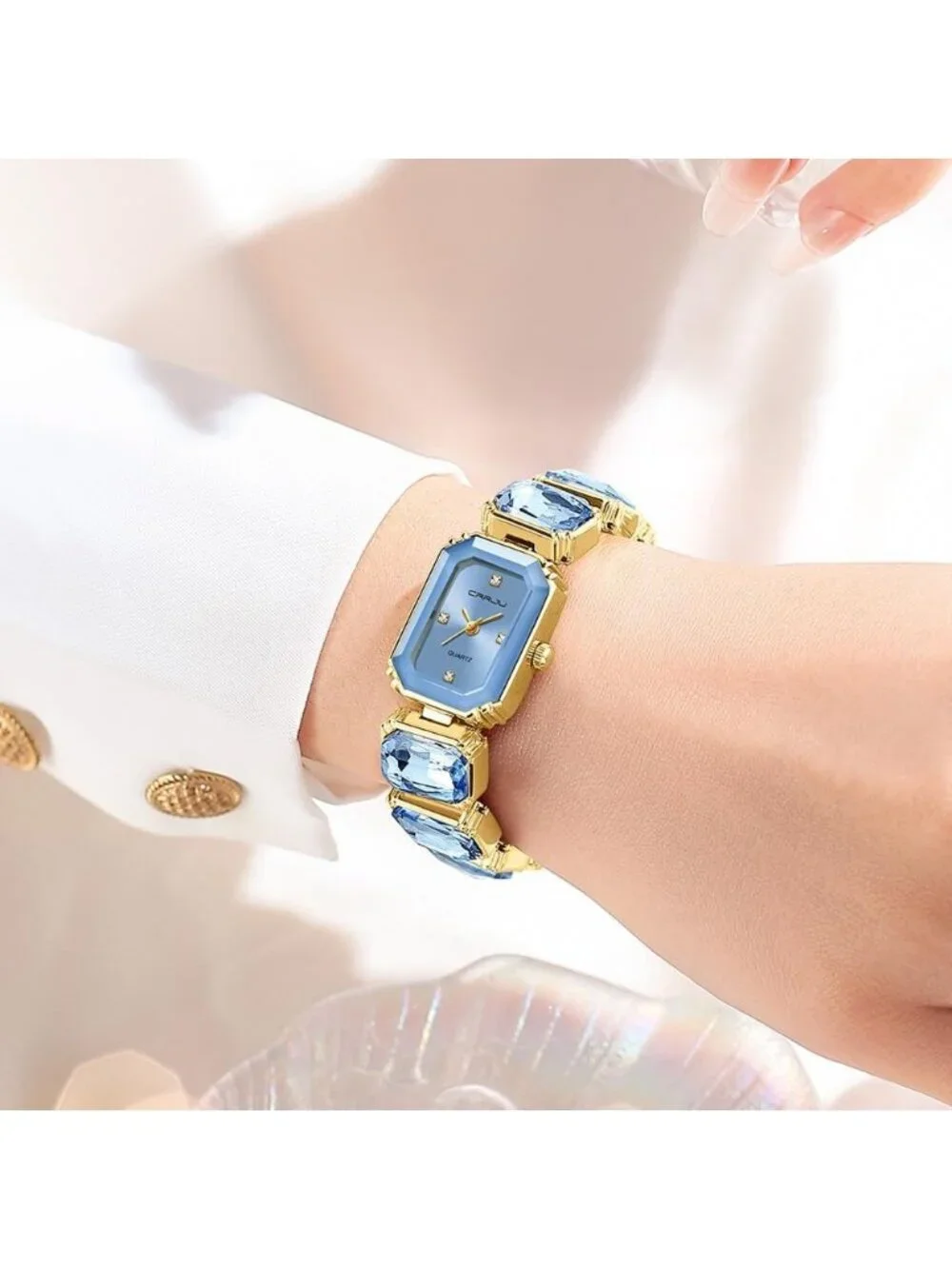 Women's Blue Ladies Square Crystal Quartz Fashion Luxury Movement Wrist Watch